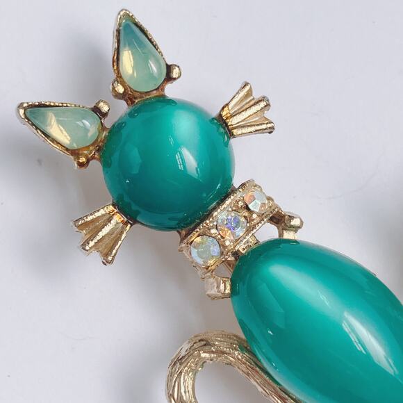 VTG 1950s Brooch Moonglow Glass Cat Mouse AB Gold Tone Figural Mid Century - Picture 3 of 8